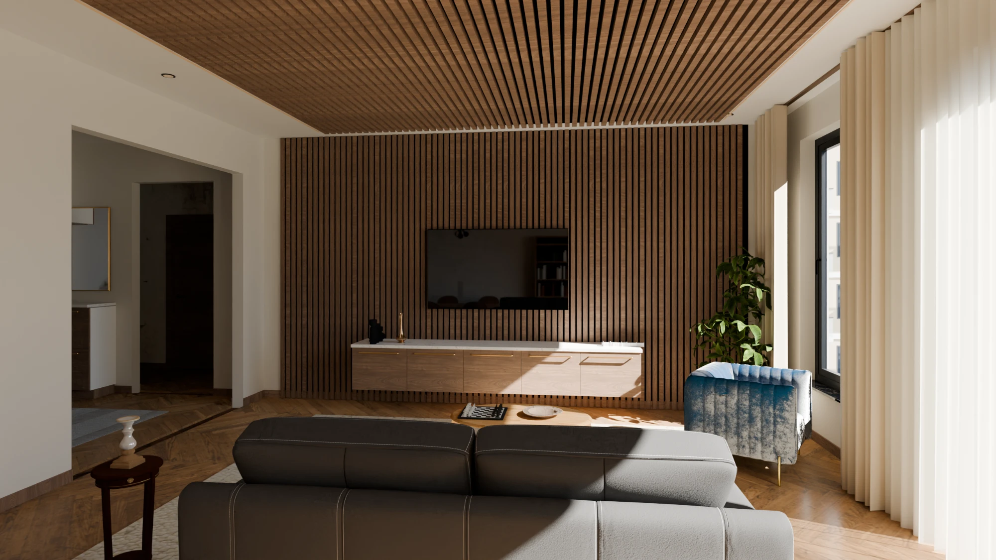 3D tasarım: ahşap çıtalı TV duvarı ve asma TV ünitesi