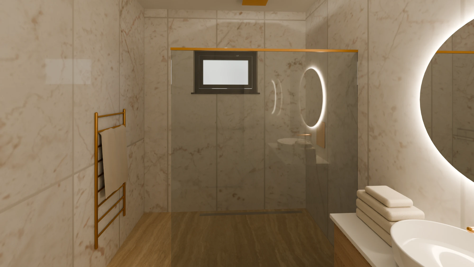 3D tasarım: mermer desenli banyo, LED aynalı lavabo ve cam duş bölmesi